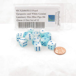 WCX26865E12 Pearl Turquoise and White Gemini Luminary Dice Blue Pips D6 12mm (1/2in) Set of 12 (ONLINE ORDER ONLY)