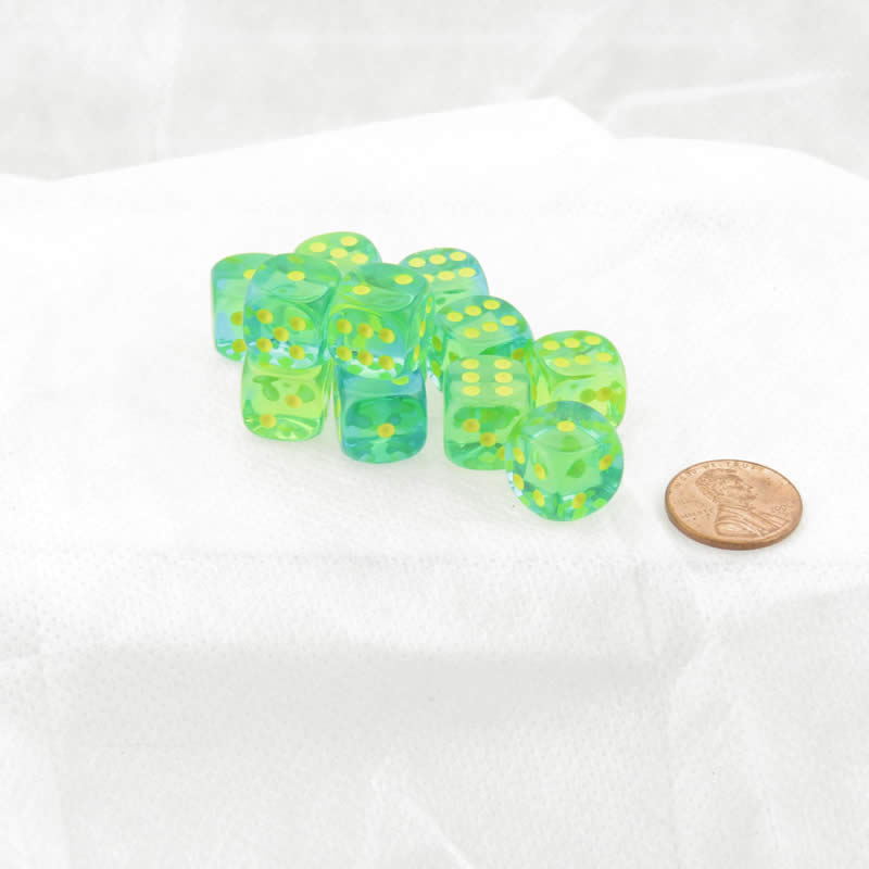WCX26866E12 Green and Teal Gemini Translucent Dice Yellow Pips D6 12mm (1/2in) Set of 12 (ONLINE ORDER ONLY)