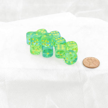 WCX26866E12 Green and Teal Gemini Translucent Dice Yellow Pips D6 12mm (1/2in) Set of 12 (ONLINE ORDER ONLY)