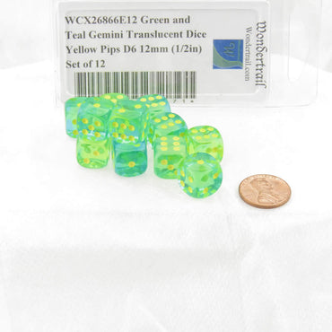 WCX26866E12 Green and Teal Gemini Translucent Dice Yellow Pips D6 12mm (1/2in) Set of 12 (ONLINE ORDER ONLY)