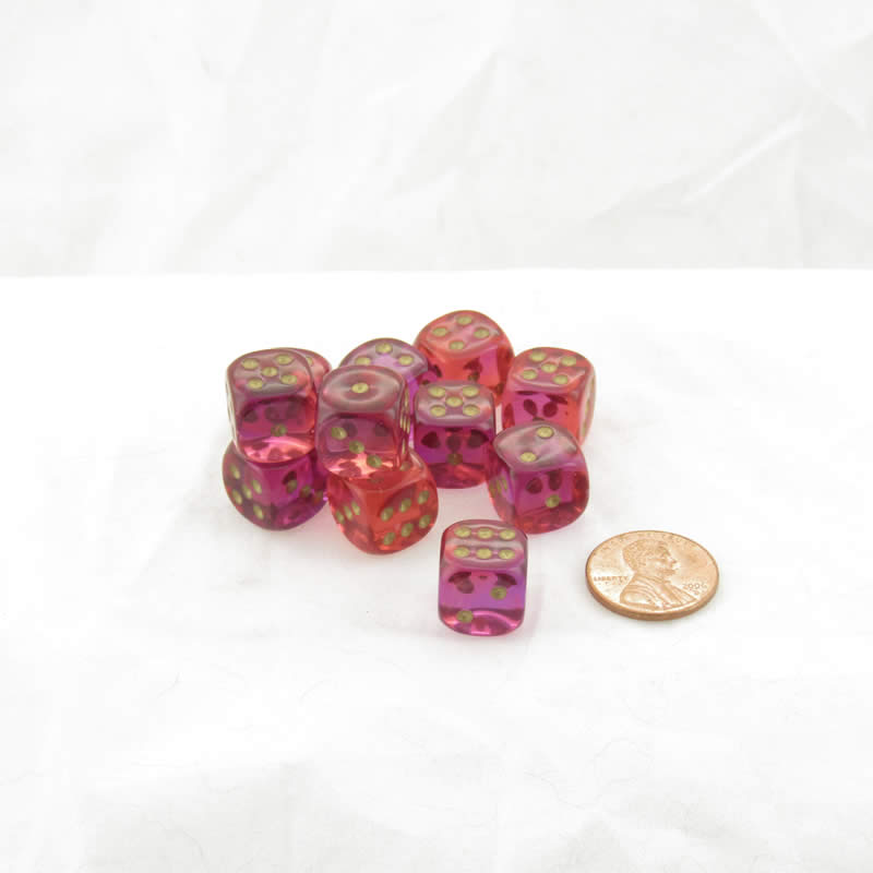 WCX26867E12 Red and Violet Gemini Translucent Dice Gold Pips D6 12mm (1/2in) Set of 12 (ONLINE ORDER ONLY)