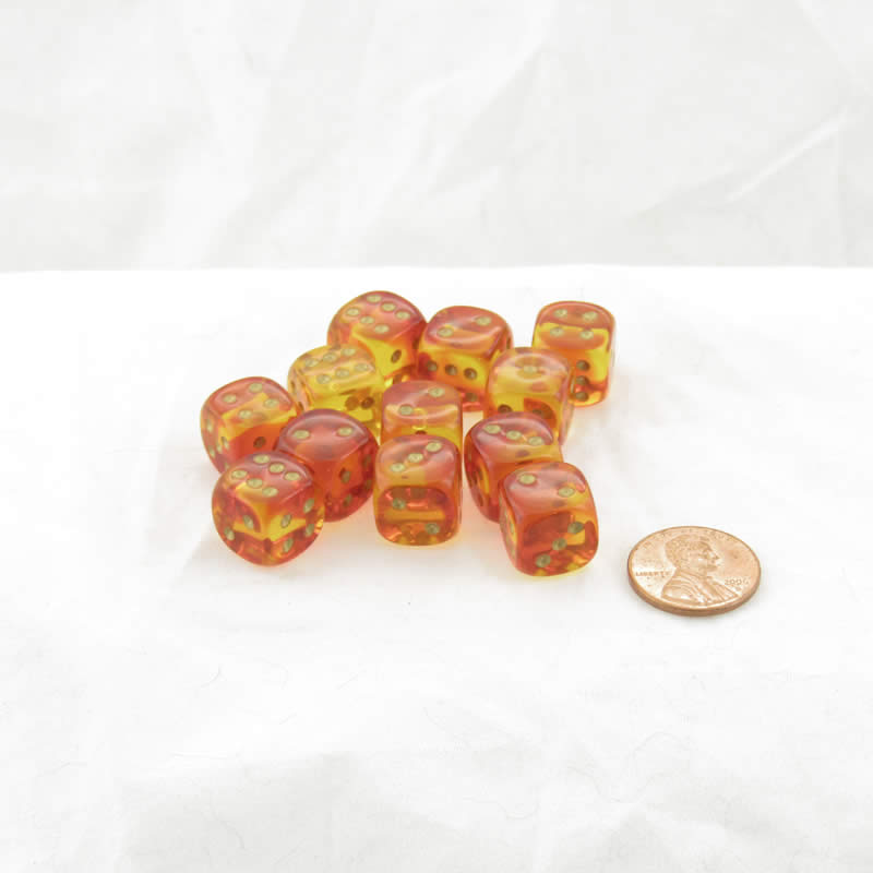 WCX26868E12 Red and Yellow Gemini Translucent Dice Gold Colored Pips D6 12mm (1/2in) Set of 12 (ONLINE ORDER ONLY)