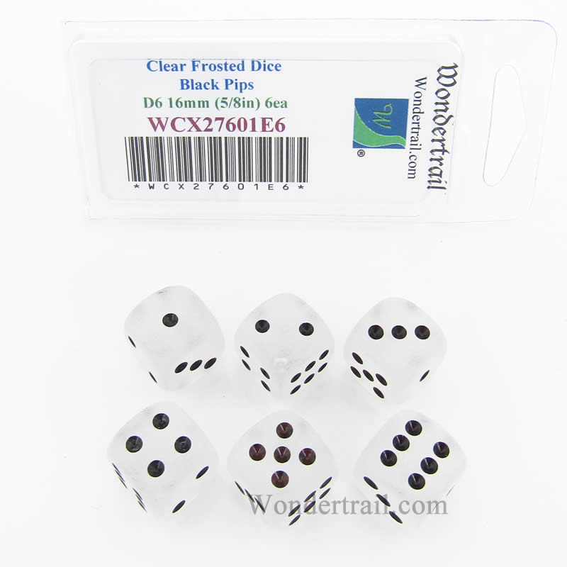 WCX27601E6 Clear Frosted Dice Black Pips 16mm (5/8in) D6 Set of 6 (ONLINE ORDER ONLY)
