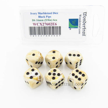 WCX27602E6 Ivory Marbleized Dice Black Pips 16mm D6 Set of 6 (ONLINE ORDER ONLY)