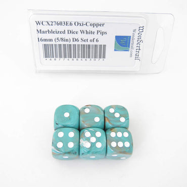 WCX27603E6 Oxi-Copper Marbleized Dice White Pips 16mm (5/8in) D6 Set of 6 (ONLINE ORDER ONLY)
