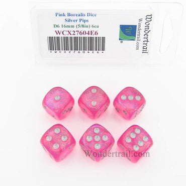 WCX27604E6 Pink Borealis Dice Silver Pips 16mm (5/8in) D6 Set of 6 (ONLINE ORDER ONLY)