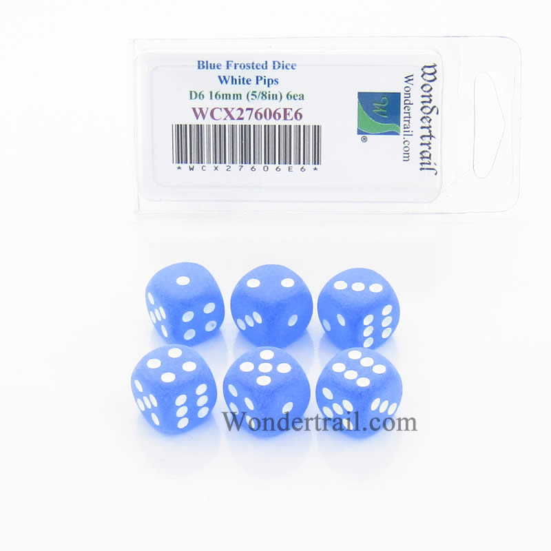 WCX27606E6 Blue Frosted Dice White Pips 16mm (5/8in) D6 Set of 6 (ONLINE ORDER ONLY)