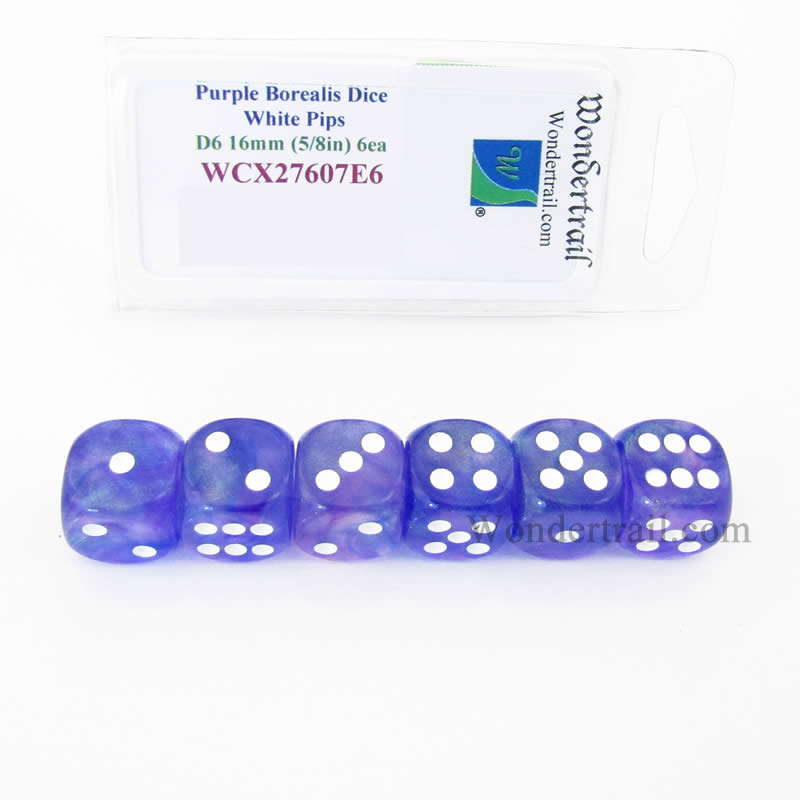 WCX27607E6 Purple Borealis Dice White Pips 16mm D6 Set of 6 (ONLINE ORDER ONLY)