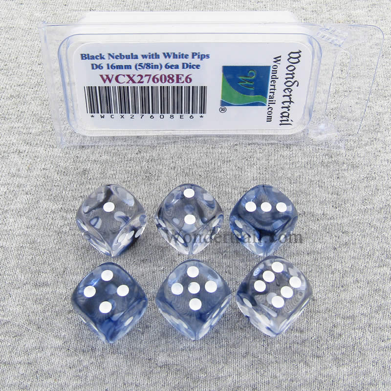 WCX27608E6 Black Nebula Dice White Pips 16mm (5/8in) D6 Set of 6 (ONLINE ORDER ONLY)