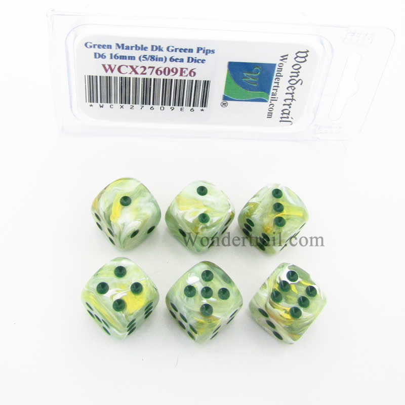 WCX27609E6 Green Marble Dice Dark Green Pips 16mm D6 Set of 6 (ONLINE ORDER ONLY)
