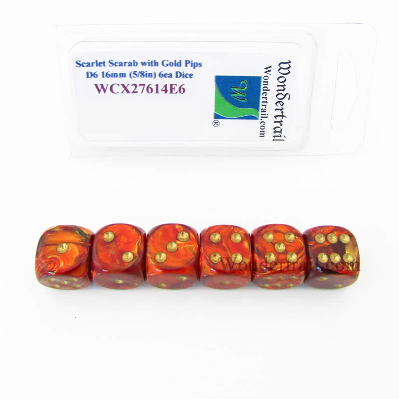 WCX27614E6 Scarlet Scarab Dice Gold Pips 16mm (5/8in) D6 Set of 6 (ONLINE ORDER ONLY)