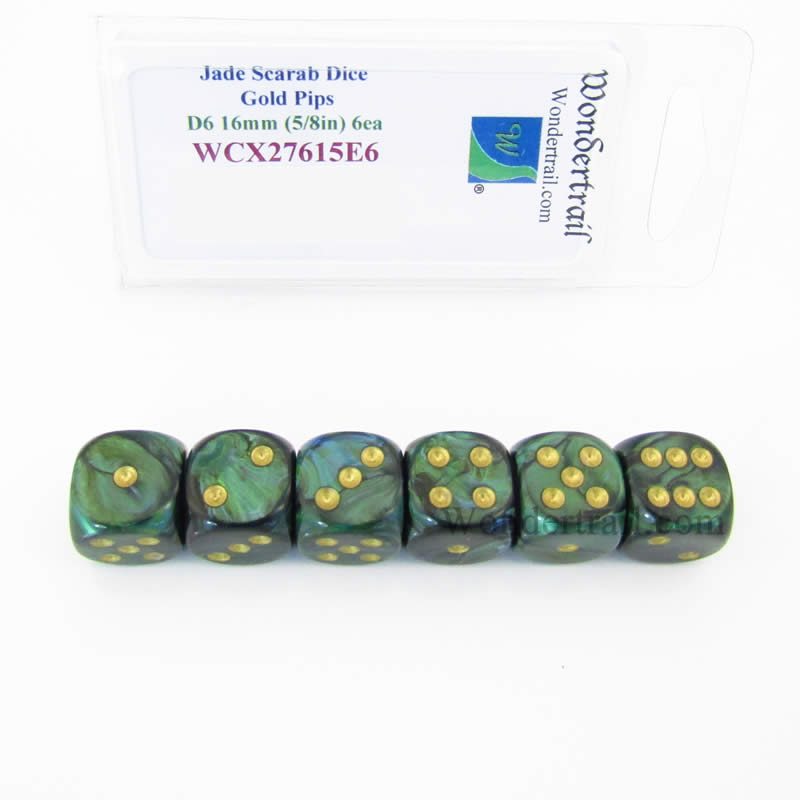 WCX27615E6 Jade Scarab Dice Gold Pips 16mm (5/8in) D6 Set of 6 (ONLINE ORDER ONLY)