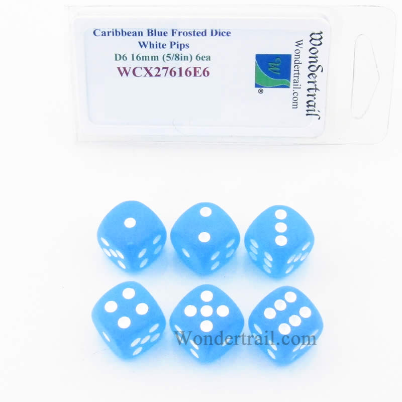 WCX27616E6 Caribbean Blue Frosted Dice Gold White 16mm (5/8in) D6 Set of 6 (ONLINE ORDER ONLY)