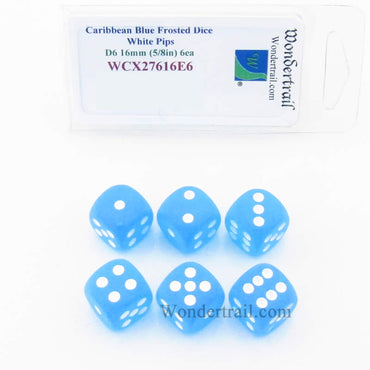 WCX27616E6 Caribbean Blue Frosted Dice Gold White 16mm (5/8in) D6 Set of 6 (ONLINE ORDER ONLY)