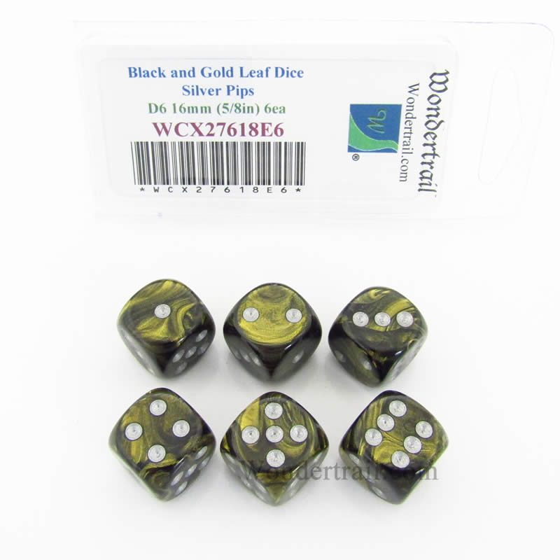 WCX27618E6 Black Gold Leaf Dice Silver Pips 16mm D6 Set of 6 (ONLINE ORDER ONLY)