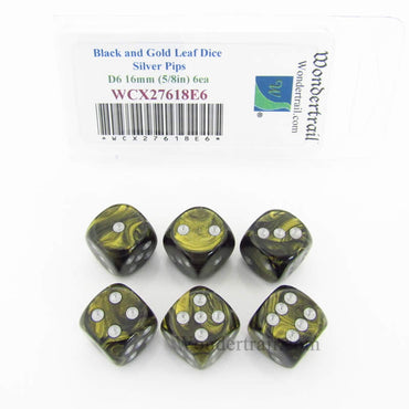 WCX27618E6 Black Gold Leaf Dice Silver Pips 16mm D6 Set of 6 (ONLINE ORDER ONLY)