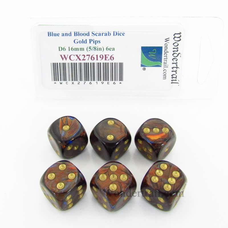 WCX27619E6 Blue Blood Scarab Dice Gold Pips 16mm D6 Set of 6 (ONLINE ORDER ONLY)