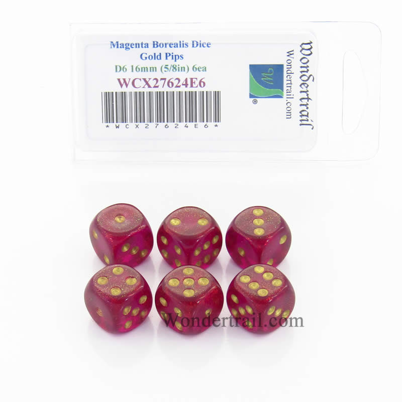 WCX27624E6 Magenta Borealis Dice Gold Pips 16mm D6 Set of 6 (ONLINE ORDER ONLY)
