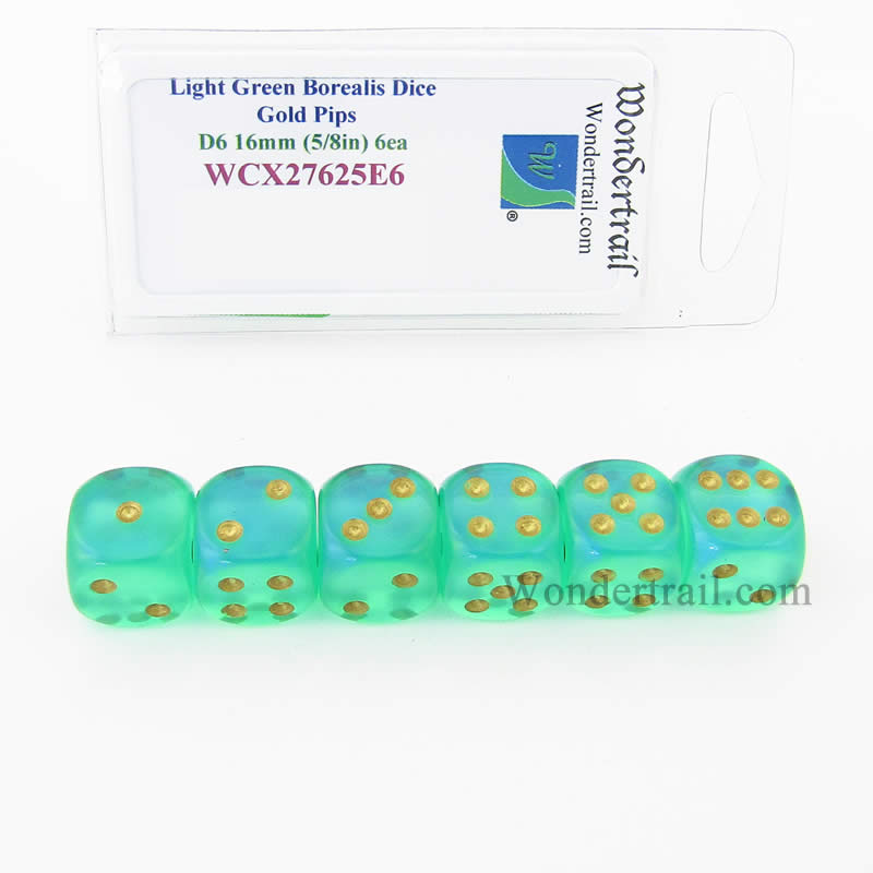 WCX27625E6 Light Green Borealis Dice Gold Pips 16mm D6 Set of 6 (ONLINE ORDER ONLY)