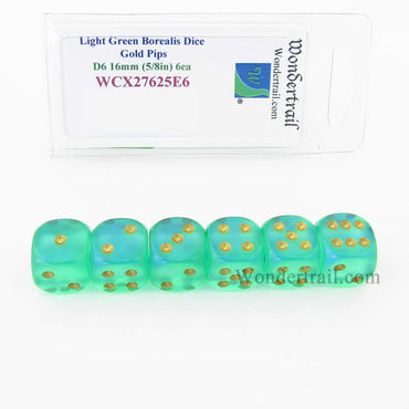 WCX27625E6 Light Green Borealis Dice Gold Pips 16mm D6 Set of 6 (ONLINE ORDER ONLY)