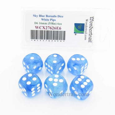 WCX27626E6 Sky Blue Borealis Dice White Pips 16mm D6 Set of 6 (ONLINE ORDER ONLY)