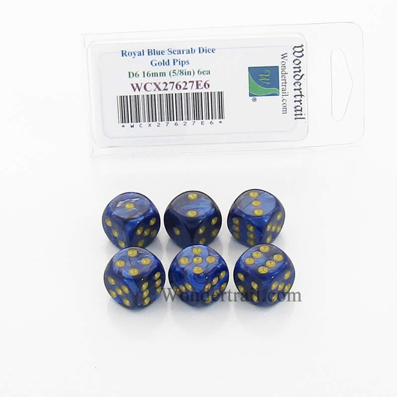 WCX27627E6 Royal Blue Scarab Dice Gold Pips 16mm D6 Set of 6 (ONLINE ORDER ONLY)