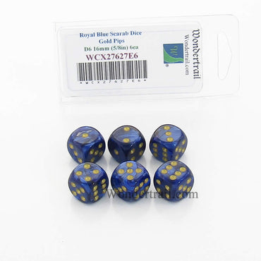 WCX27627E6 Royal Blue Scarab Dice Gold Pips 16mm D6 Set of 6 (ONLINE ORDER ONLY)