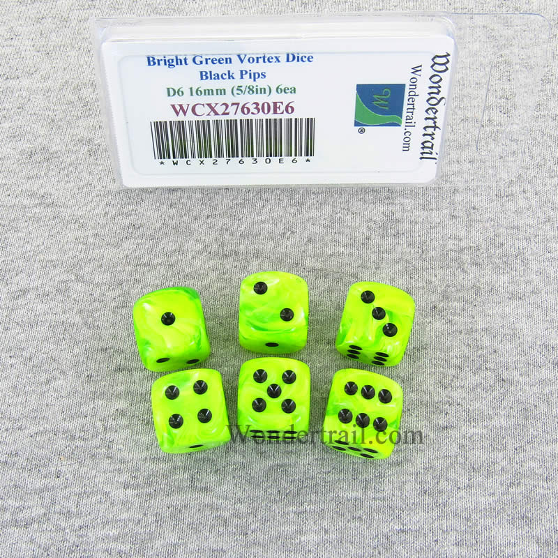 WCX27630E6 Bright Green Vortex Dice Black Pips 16mm D6 Set of 6 (ONLINE ORDER ONLY)