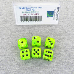 WCX27630E6 Bright Green Vortex Dice Black Pips 16mm D6 Set of 6 (ONLINE ORDER ONLY)