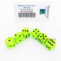 WCX27630E6 Bright Green Vortex Dice Black Pips 16mm D6 Set of 6 (ONLINE ORDER ONLY)