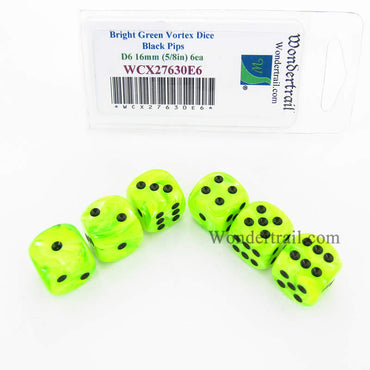 WCX27630E6 Bright Green Vortex Dice Black Pips 16mm D6 Set of 6 (ONLINE ORDER ONLY)