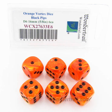 WCX27633E6 Orange Vortex Dice Black Pips 16mm (5/8in) D6 Set of 6 (ONLINE ORDER ONLY)
