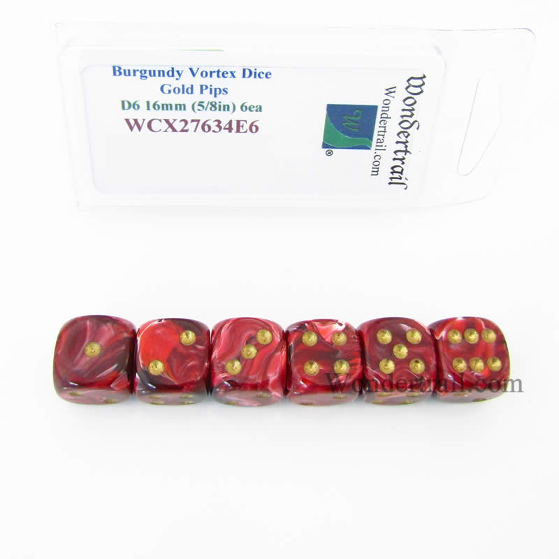 WCX27634E6 Burgundy Vortex Dice Gold Pips 16mm D6 Set of 6 (ONLINE ORDER ONLY)