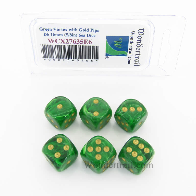 WCX27635E6 Green Vortex Dice Gold Pips 16mm (5/8in) D6 Set of 6 (ONLINE ORDER ONLY)