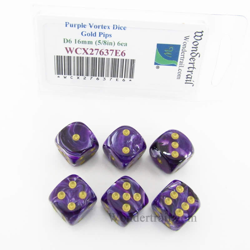 WCX27637E6 Purple Vortex Dice Gold Pips 16mm (5/8in) D6 Set of 6 (ONLINE ORDER ONLY)