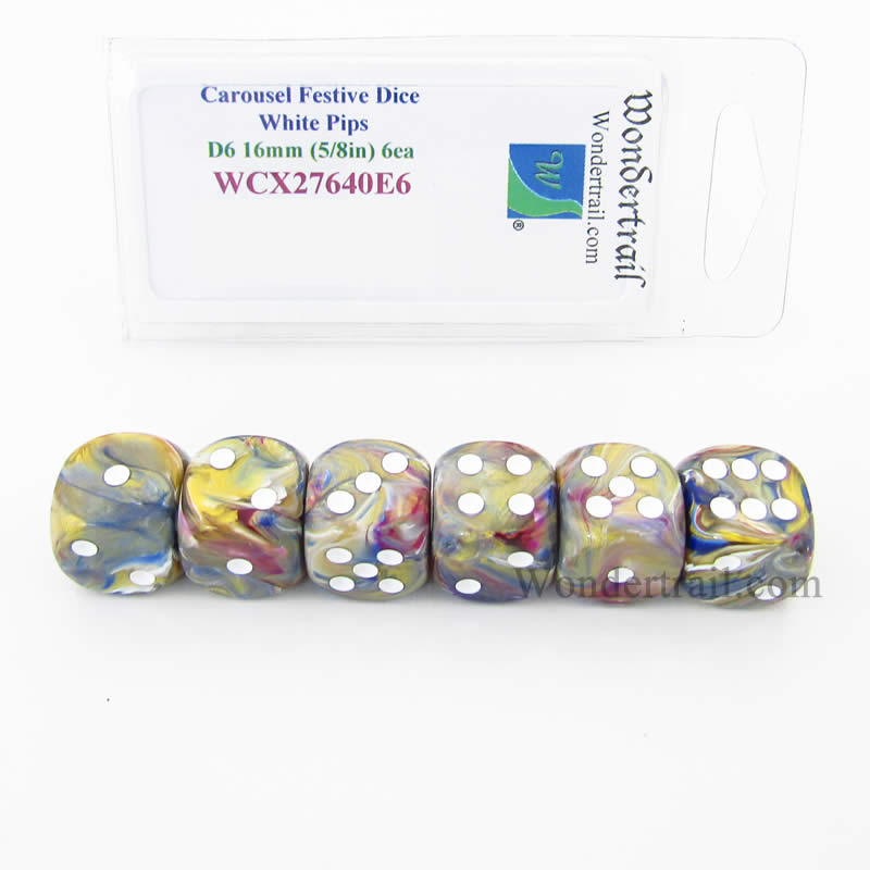 WCX27640E6 Carousel Festive Dice White Pips 16mm D6 Set of 6 (ONLINE ORDER ONLY)