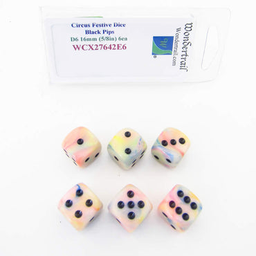 WCX27642E6 Circus Festive Dice Black Pips 16mm (5/8in) D6 Set of 6 (ONLINE ORDER ONLY)