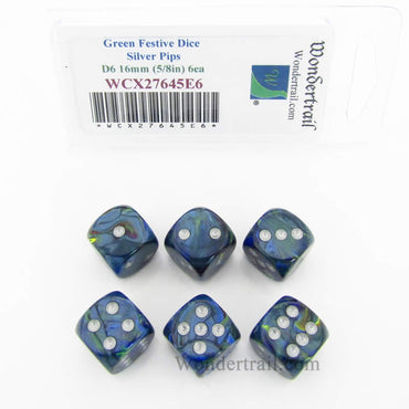 WCX27645E6 Green Festive Dice Silver Pips 16mm (5/8in) D6 Set of 6 (ONLINE ORDER ONLY)