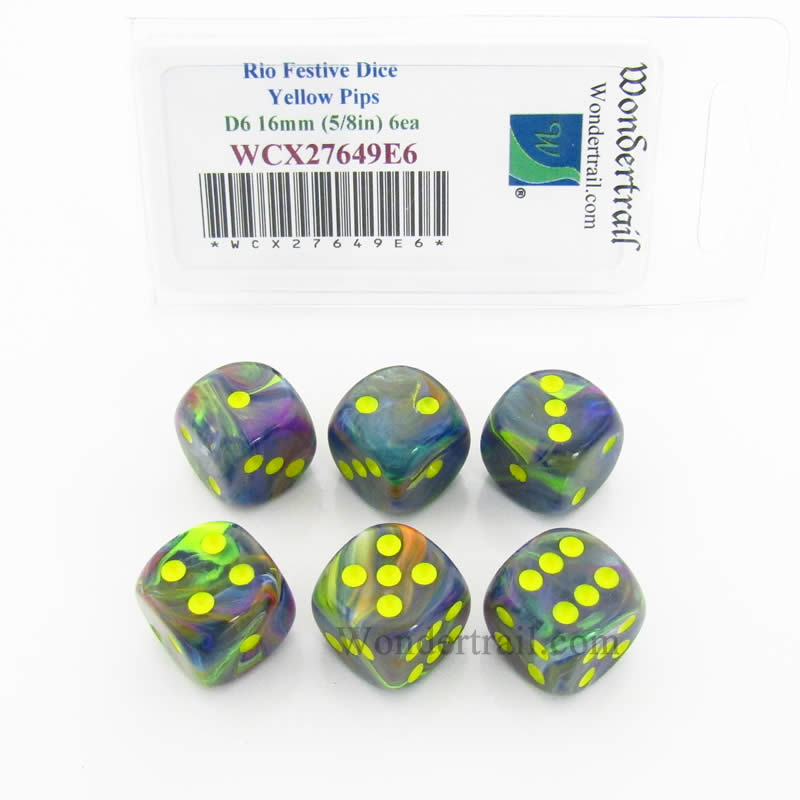 WCX27649E6 Rio Festive Dice Yellow Pips 16mm (5/8in) D6 Set of 6 (ONLINE ORDER ONLY)