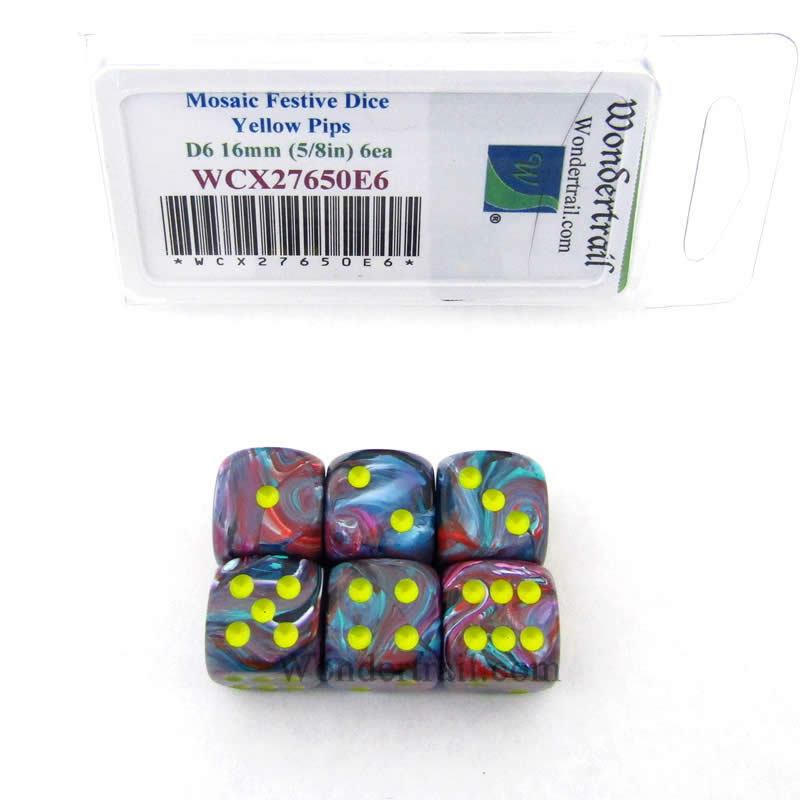 WCX27650E6 Mosaic Festive Dice Yellow Pips 16mm (5/8in) D6 Set of 6 (ONLINE ORDER ONLY)