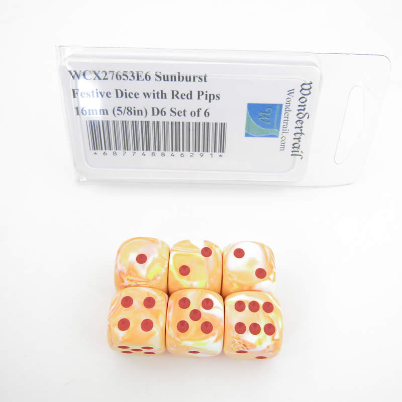 WCX27653E6 Sunburst Festive Dice with Red Pips 16mm (5/8in) D6 Set of 6 (ONLINE ORDER ONLY)
