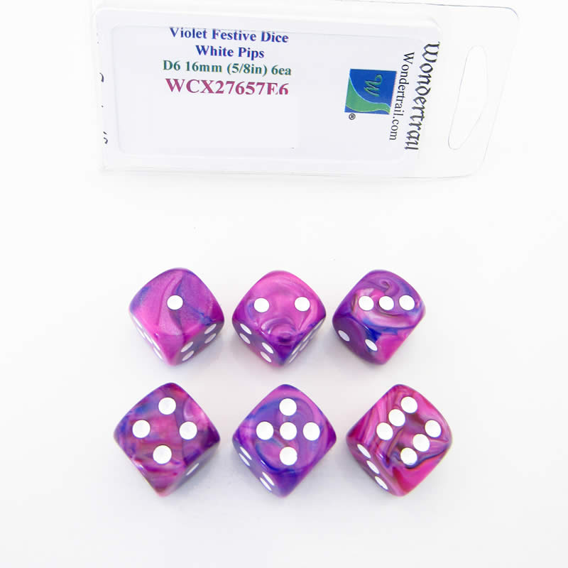 WCX27657E6 Violet Festive Dice White Pips 16mm (5/8in) D6 Set of 6 (ONLINE ORDER ONLY)