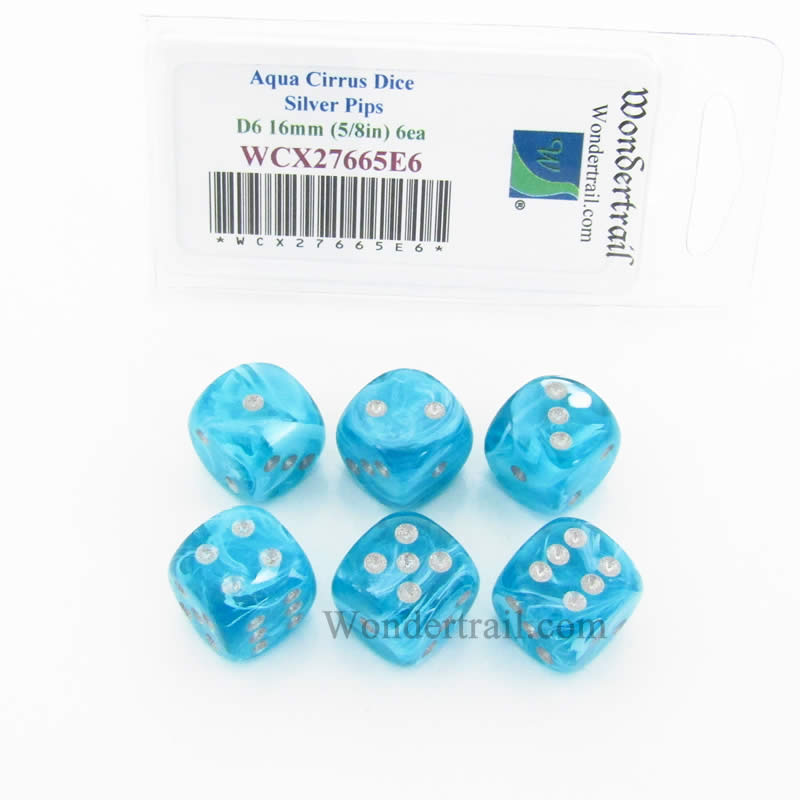 WCX27665E6 Aqua Cirrus Dice with Silver Pips 16mm (5/8in) D6 Set of 6 (ONLINE ORDER ONLY)