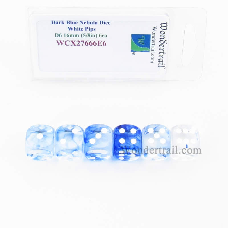 WCX27666E6 Dark Blue Nebula Dice White Pips 16mm (5/8in) D6 Set of 6 (ONLINE ORDER ONLY)
