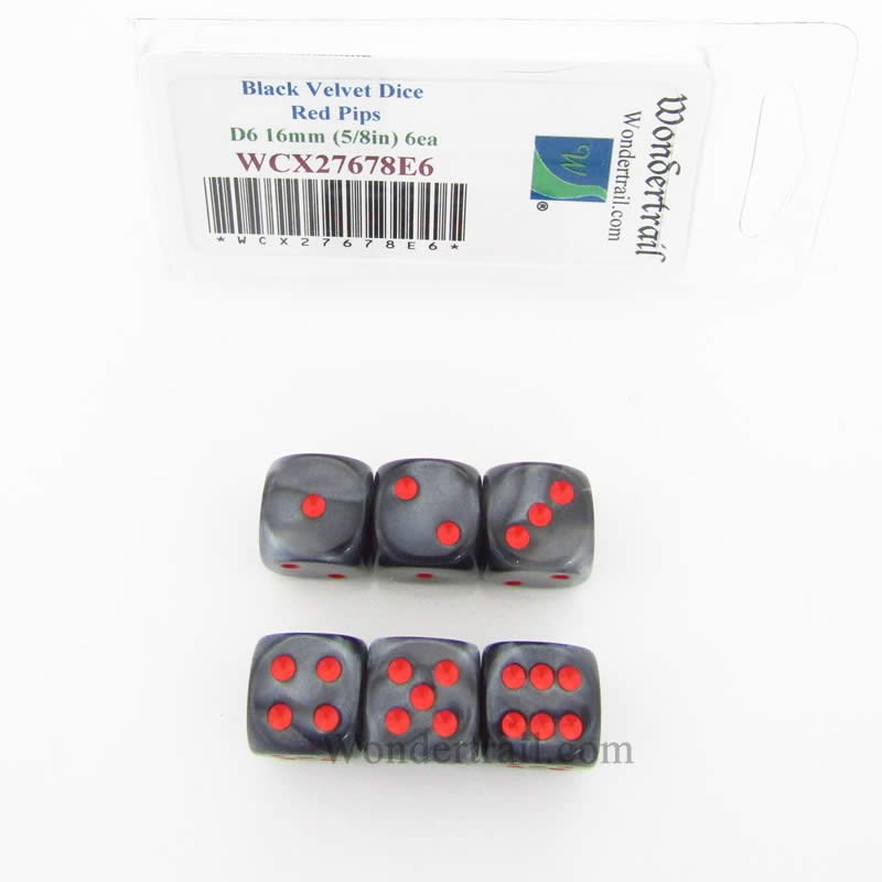 WCX27678E6 Black Velvet Dice Red Pips 16mm (5/8in) D6 Set of 6 (ONLINE ORDER ONLY)
