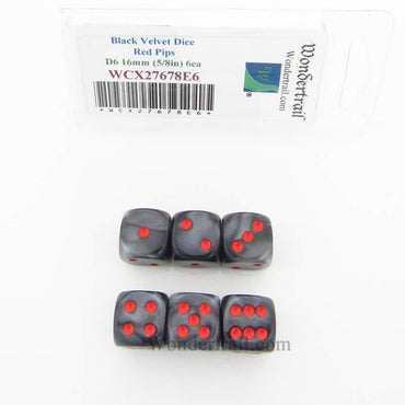 WCX27678E6 Black Velvet Dice Red Pips 16mm (5/8in) D6 Set of 6 (ONLINE ORDER ONLY)