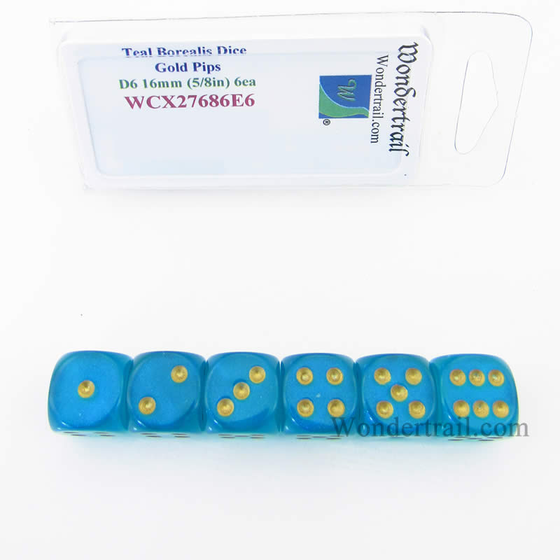 WCX27686E6 Teal Borealis Dice Gold Pips 16mm (5/8in) D6 Set of 6 (ONLINE ORDER ONLY)