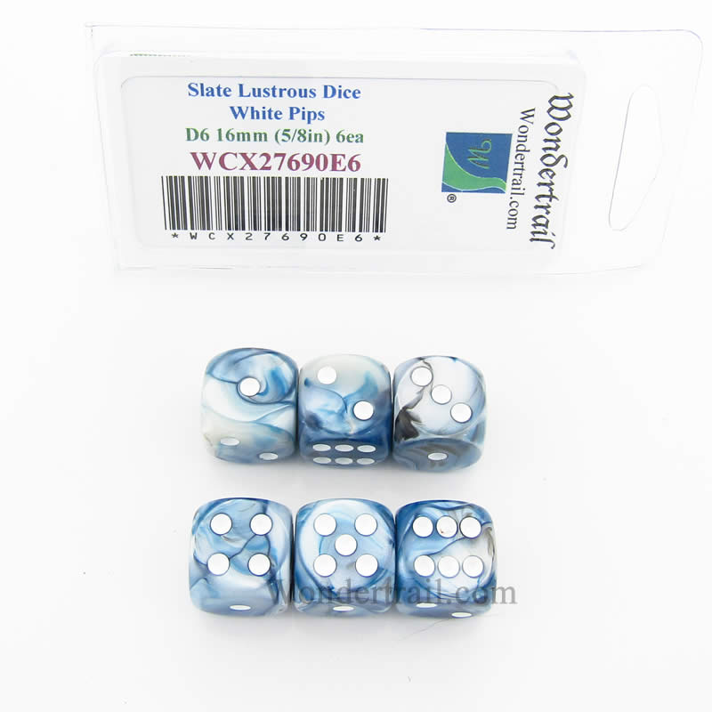 WCX27690E6 Slate Lustrous Dice White Pips 16mm (5/8in) D6 Set of 6 (ONLINE ORDER ONLY)