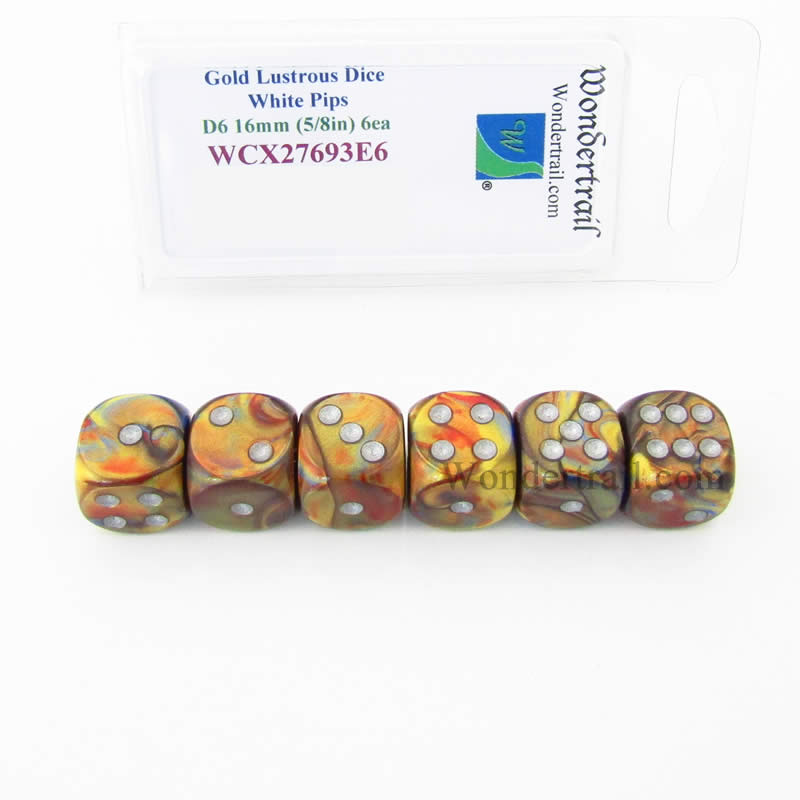 WCX27693E6 Gold Lustrous Dice White Pips 16mm (5/8in) D6 Set of 6 (ONLINE ORDER ONLY)