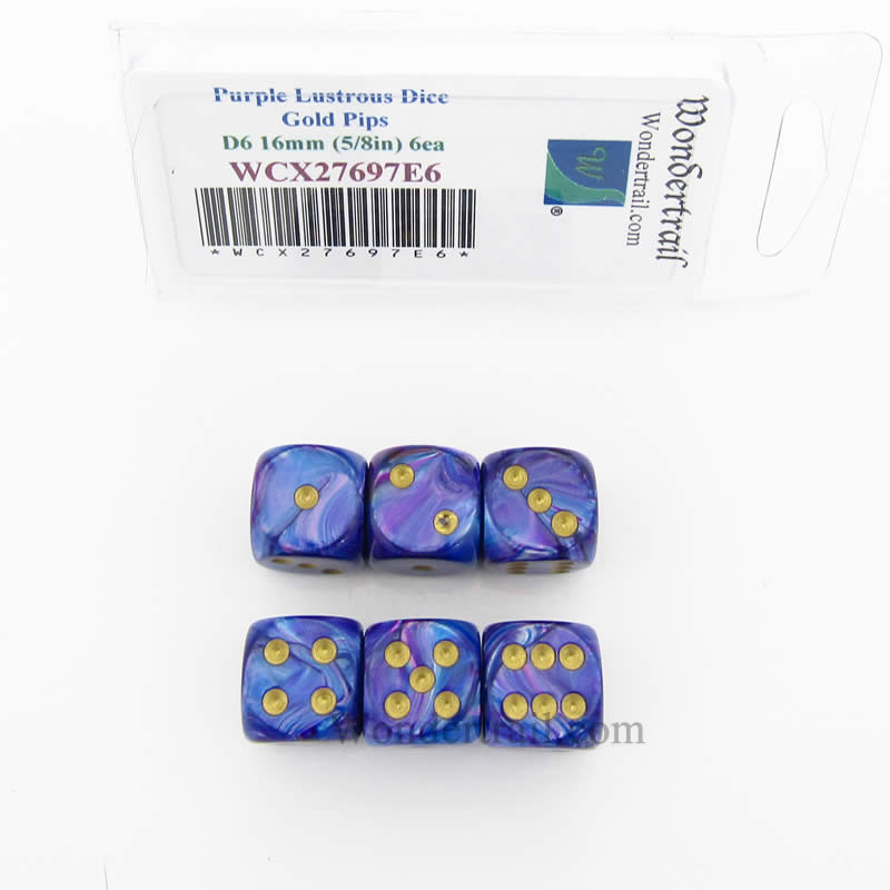 WCX27697E6 Purple Lustrous Dice Gold Pips 16mm (5/8in) D6 Set of 6 (ONLINE ORDER ONLY)